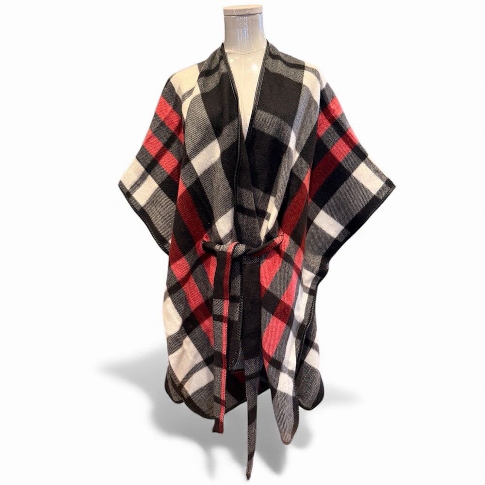 Anne Klein Plaid Belted Ruana Wrap One Size Red Black Gray  Oversized Cape Shawl